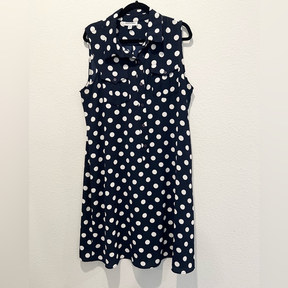 Shelby & Palmer Navy Blue Shirt Dress White Polka Dot Print Sleeveless Size 16